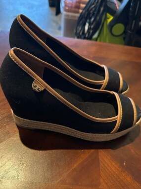 Tory Burch Filipa Black Canvas Peep Toe Wedge Espadrilles